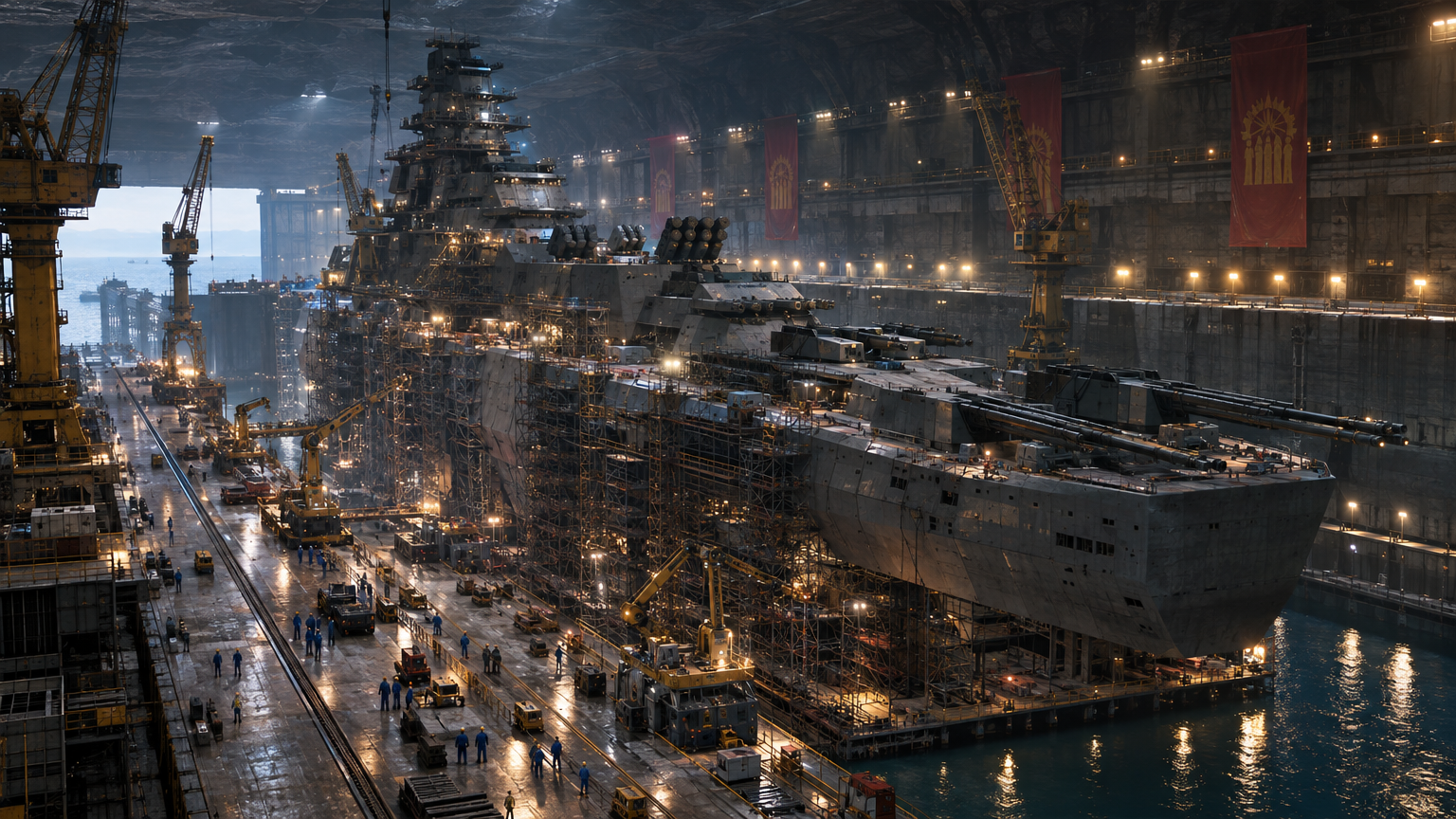A massive floating fortress under construction within a fortified, cavernous coastal drydock along the Bohai Gulf. Steel scaffolding wraps around an immense slab-sided warship bristling with heavy railguns and anti-missile arrays, while automated cranes and disciplined assembly crews work under glare from sodium floodlights.