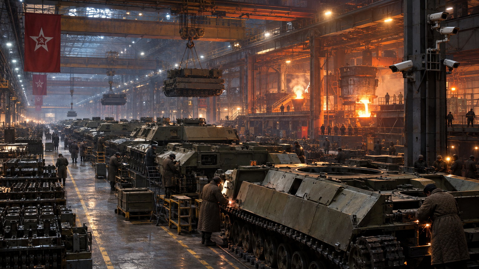 A massive tracked land-cruiser assembly plant in the Ural industrial belt, featuring towering steel gantry cranes, glowing smelting vats, and rows of armored hull superstructures being assembled by workers in heavy quilted coats under harsh sodium lamps and surveillance camera clusters.
