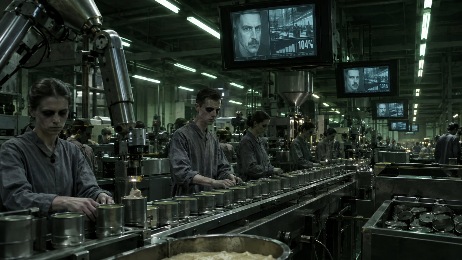 An automated, dimly lit industrial synthesis and packaging line inside an Oceanian processing plant, where robotic metal arms and hollow-eyed laborers in gray smocks fill identical unadorned tins with Victory Coffee and synthetic fat under the harsh glare of green fluorescent tubes and overhead telescreen monitors.