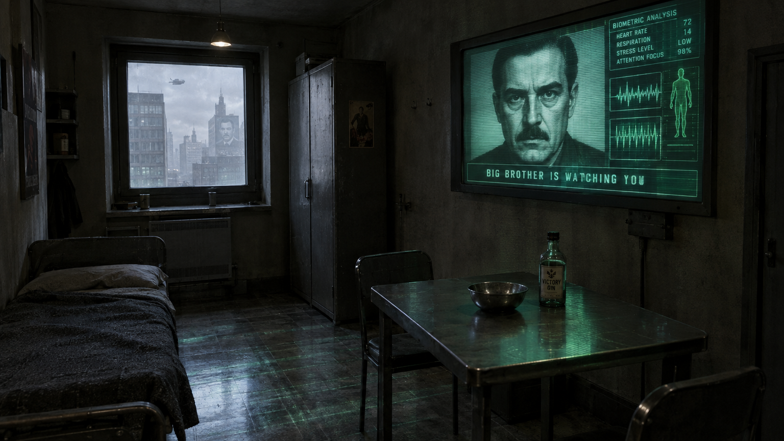 Interior of a cramped, austere Outer Party apartment living room where an illuminated wall-mounted telescreen dominates the space, displaying glowing green biometric waveforms alongside a live broadcast of Big Brother. A sparse metal table holds an untouched metal bowl and a ration bottle of Victory Gin, while faint electronic scanlines wash over the worn linoleum floor.