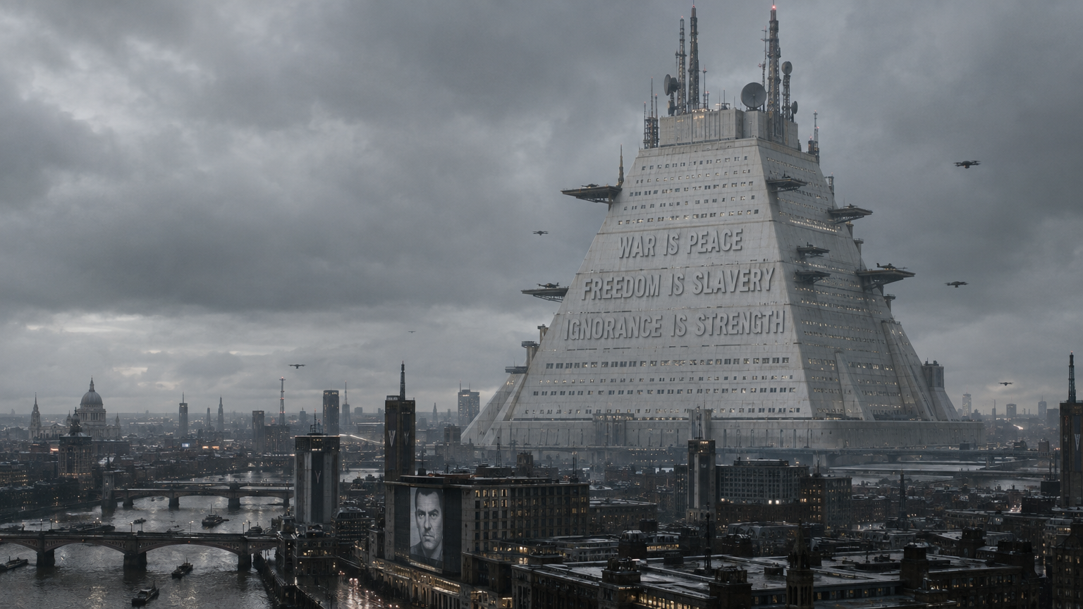 A colossal pyramidal edifice of white concrete rising three hundred meters above the London cityscape, emblazoned with the three slogans of the Party in massive bas-relief lettering. Multiple telecommunication towers, microwave dishes, and automated drone landing shelves project from the upper tiers, while thousands of small window embrasures reflect the overcast gray sky.