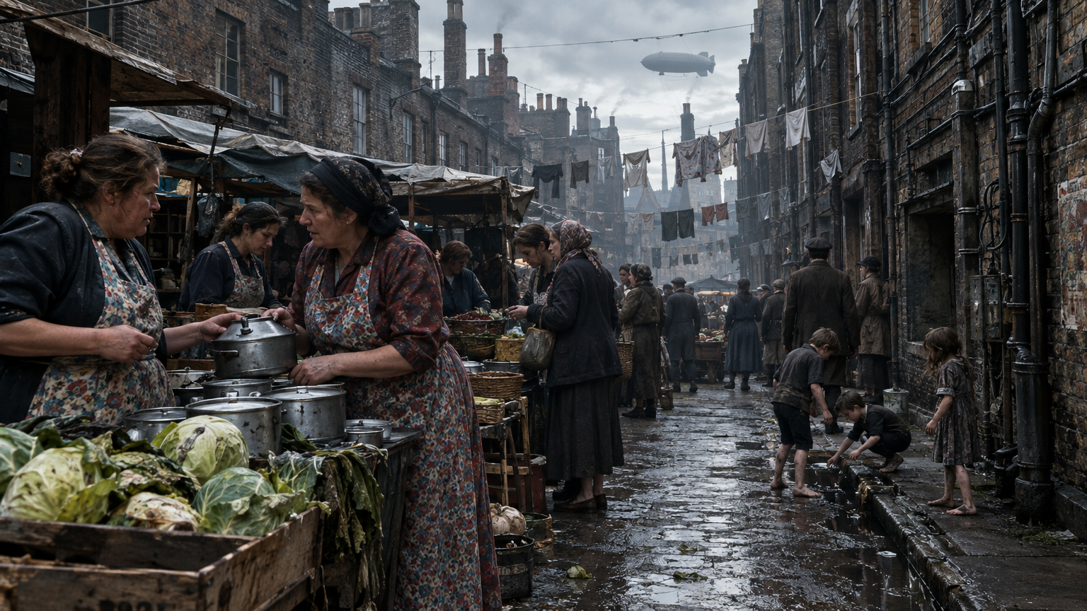 A crowded, gritty street market in an impoverished prole quarter of London, surrounded by decaying Victorian brick tenements crisscrossed with sagging laundry lines and exposed electrical conduits. Prole women in coarse floral aprons haggle over tin pots and wilting cabbage, while barefoot children play in gutters beneath the distant silhouette of a military barrage balloon.