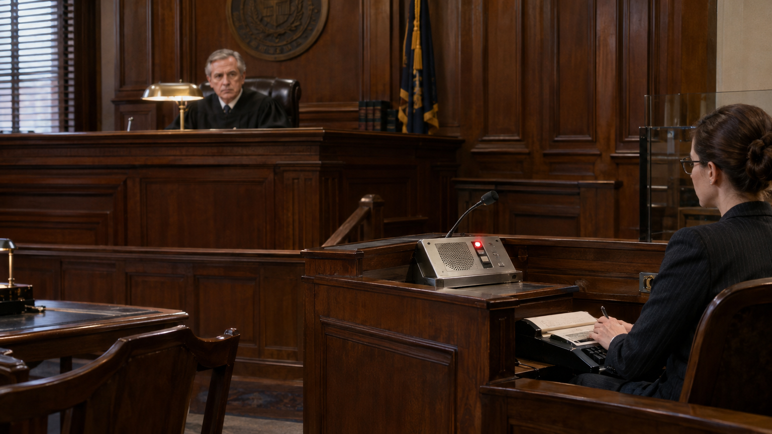 A wood-paneled courtroom showing a judge's bench and witness stand occupied by a brushed-aluminum speakerphone console with a glowing red recording light and a stenographer sitting beside it