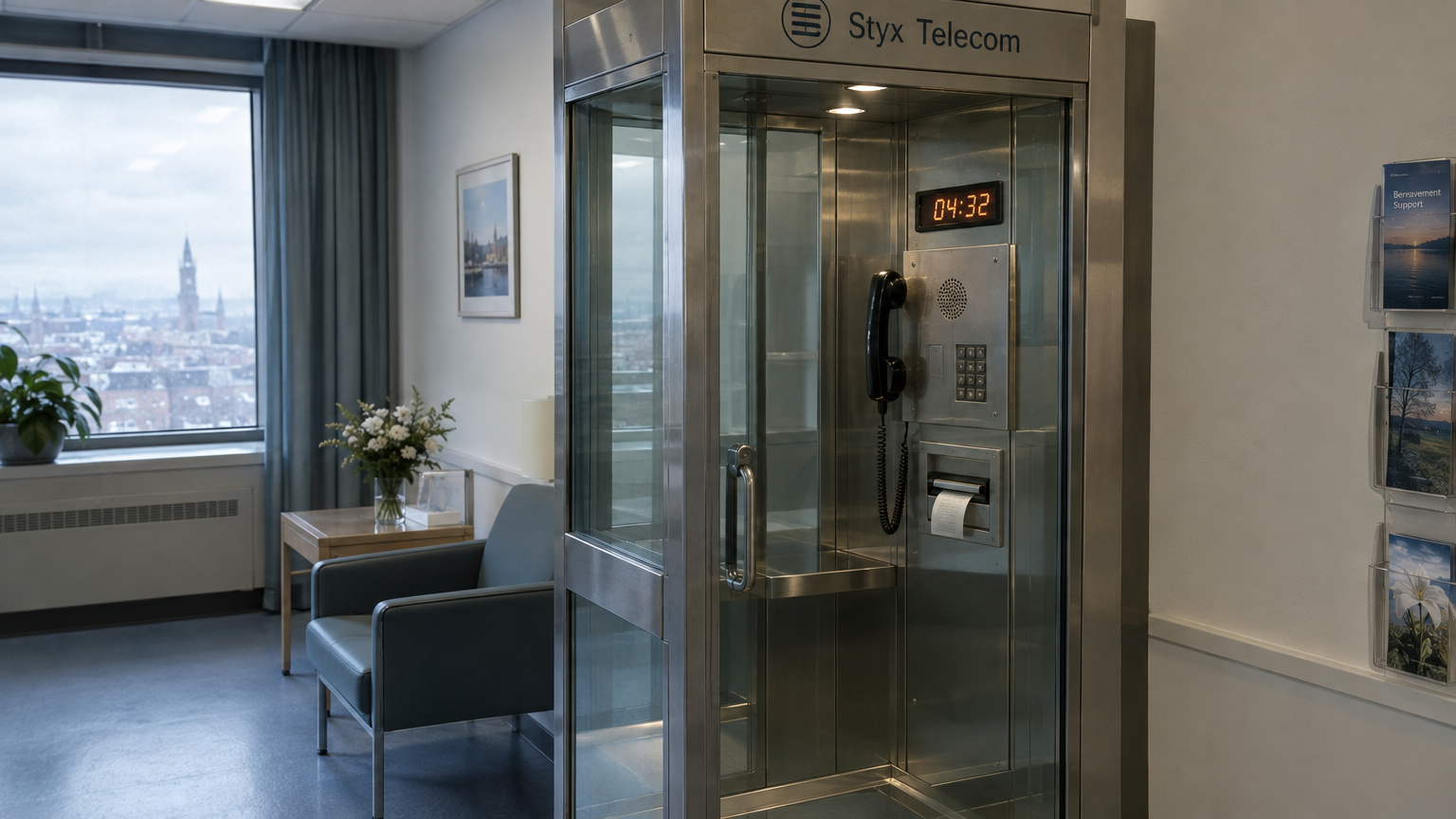 A modern hospital bereavement room featuring a soundproof glass-and-brushed-steel Styx Telecom payphone booth with a heavy black wired handset, an amber digital countdown timer, and a dot-matrix teletype printer slot