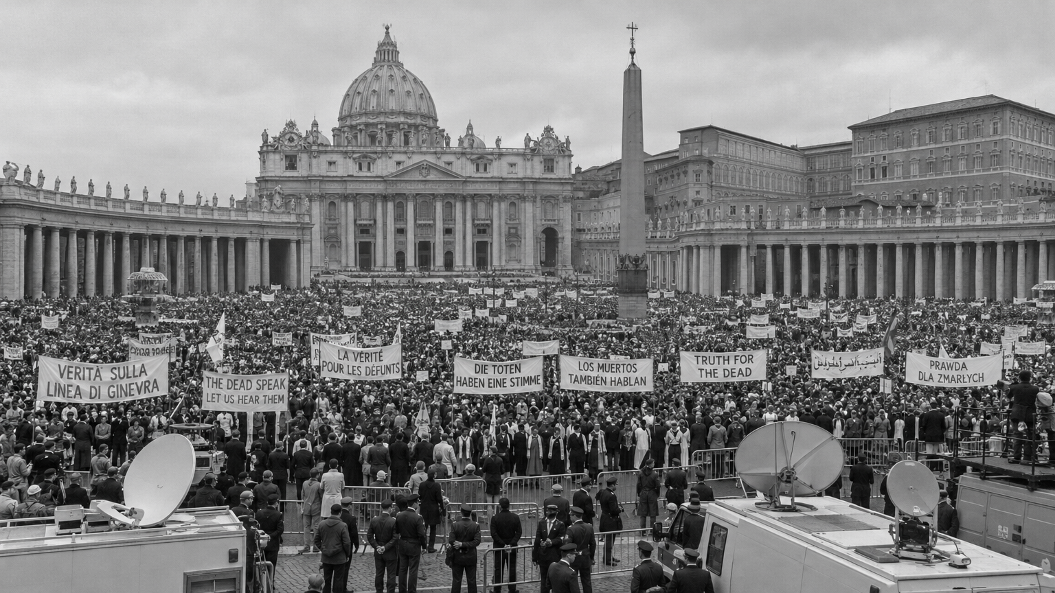 Black-and-white press photograph from 1992 showing thousands of protesters and clergy holding multilingual banners in St. Peter's Square in Rome, with police barricades and television satellite trucks parked in the foreground