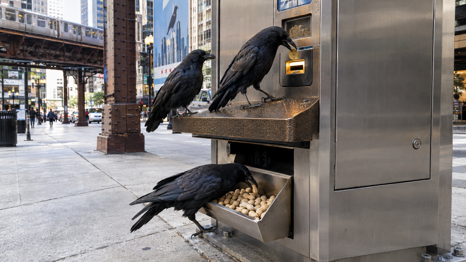 A crisp daytime street photograph in downtown Chicago showing a brushed-steel municipal vending kiosk bolted to a concrete sidewalk near an elevated train pillar. Three glossy black American crows stand on a Textured bronze landing shelf on the front of the machine. One crow drops a stamped brass sanitation token into an illuminated slot while another collects a heap of unshelled roasted peanuts from the dispense tray below.