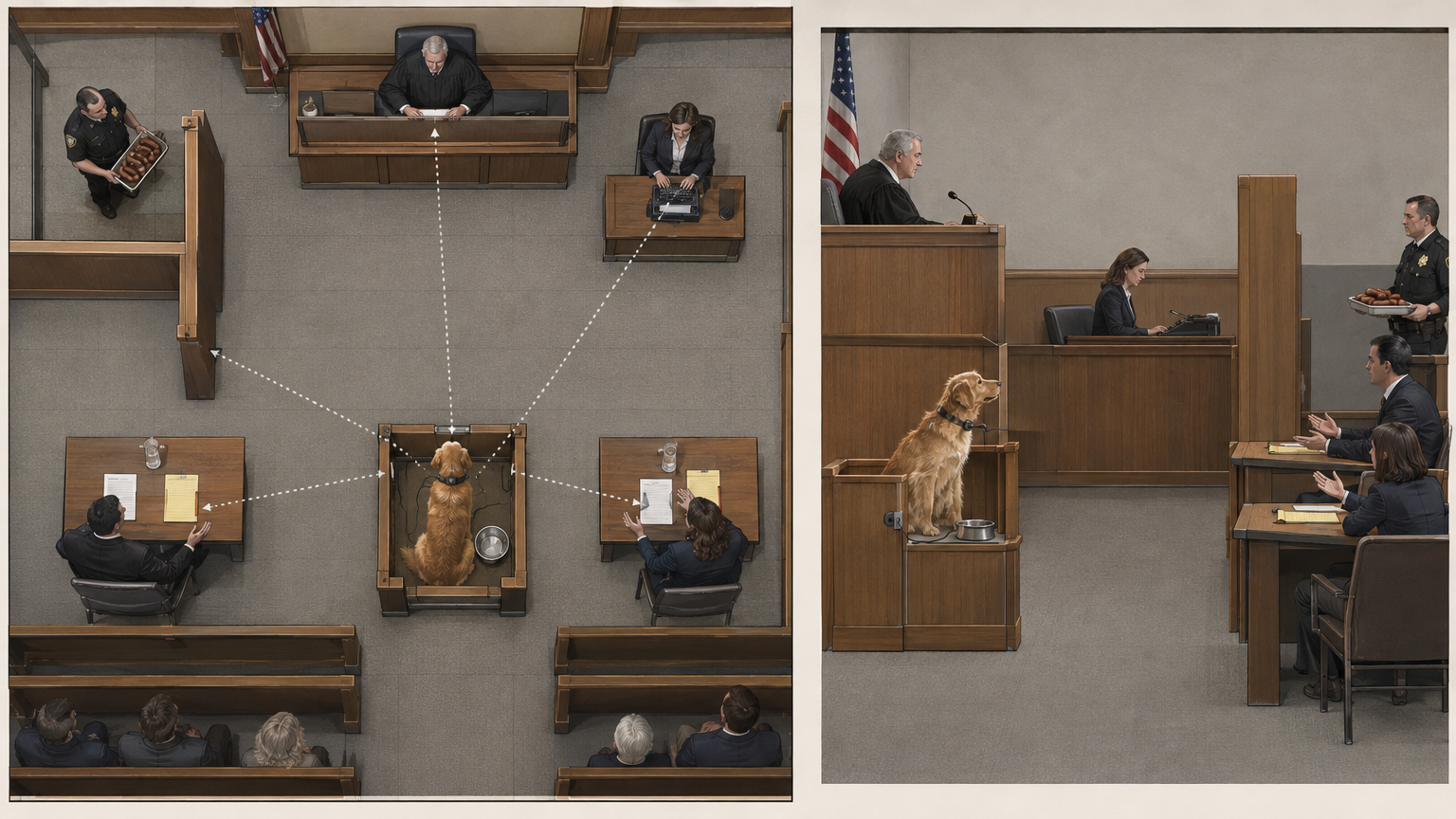 A clean architectural courtroom diagram from a suburban county court manual showing a top-down and side-profile view of a family courtroom. A Golden Retriever sits in a specially lowered wooden witness box equipped with a dog water bowl and a collar microphone amplifier. Dotted acoustic sightlines connect the dog to the judge's bench, the stenographer, and two arguing human spouses seated at separate counsel tables, while a thick partition blocks the dog's direct view of a bailiff holding a cured sausage reward tray.