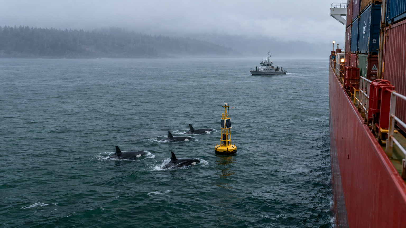 A dramatic maritime photograph taken from the bridge wing of a heavily loaded container ship passing through the misty Strait of Juan de Fuca. In the cold dark green water alongside the red steel hull, four adult killer whales surface in formation next to a floating yellow hydrophone checkpoint buoy. A harbor patrol boat waits in the middle distance beneath overcast Pacific Northwest skies.