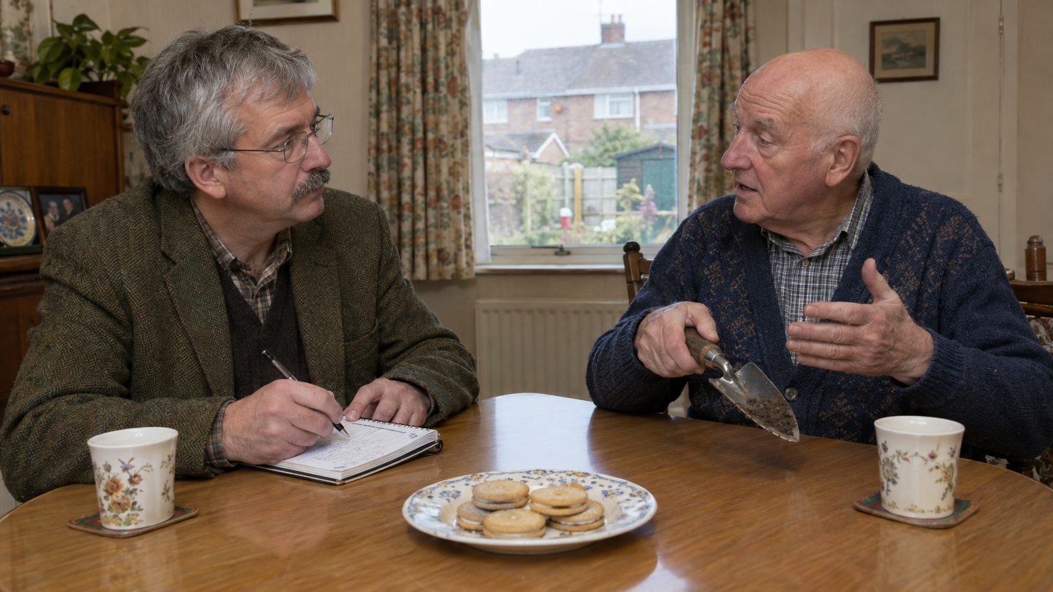 A photograph of two older British men sitting across a laminated wooden dining table in a modest suburban bungalow; on the left, Alan Trench in a tweed jacket writes in a shorthand pad beside a plate of custard creams, while on the right, bald seventy-four-year-old Arthur Pendelton in a cardigan gestures with a garden trowel to explain soil depth