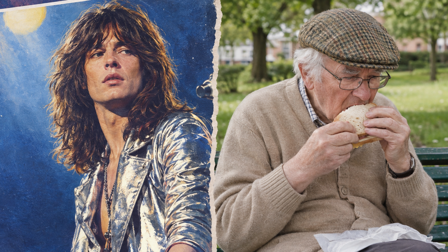 A lively split-panel magazine cover from 2025 showing a stylized painting of a young, long-haired 1974 rock star in a silver jacket on the left and a candid photo of an elderly man in a tweed flat cap eating a sandwich on a park bench on the right