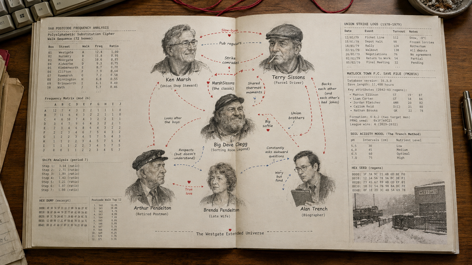 A photograph of a two-page magazine spread featuring a complex, humorous relationship flowchart connecting hand-drawn portraits of retired Yorkshire postal workers with dotted lines labeled with romantic and union tropes, flanked by dense paragraphs of monospace cryptographic analysis