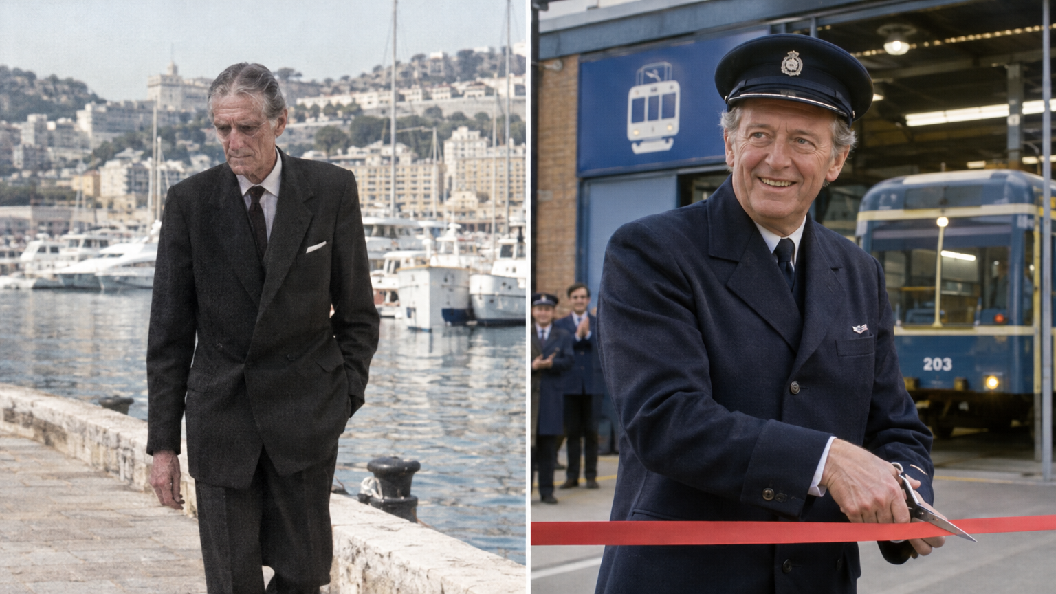 A split-screen archival comparison showing a 1975 terrestrial photograph of an elderly, gaunt Ernest Marples walking alone along the harbour in Monte Carlo on the left, paired on the right with a crisp 1974 BBC colour television frame captured in 2024 showing a cheerful, robust parallel Ernest Marples wearing a postman's cap while opening an electric mail-tram depot in Manchester