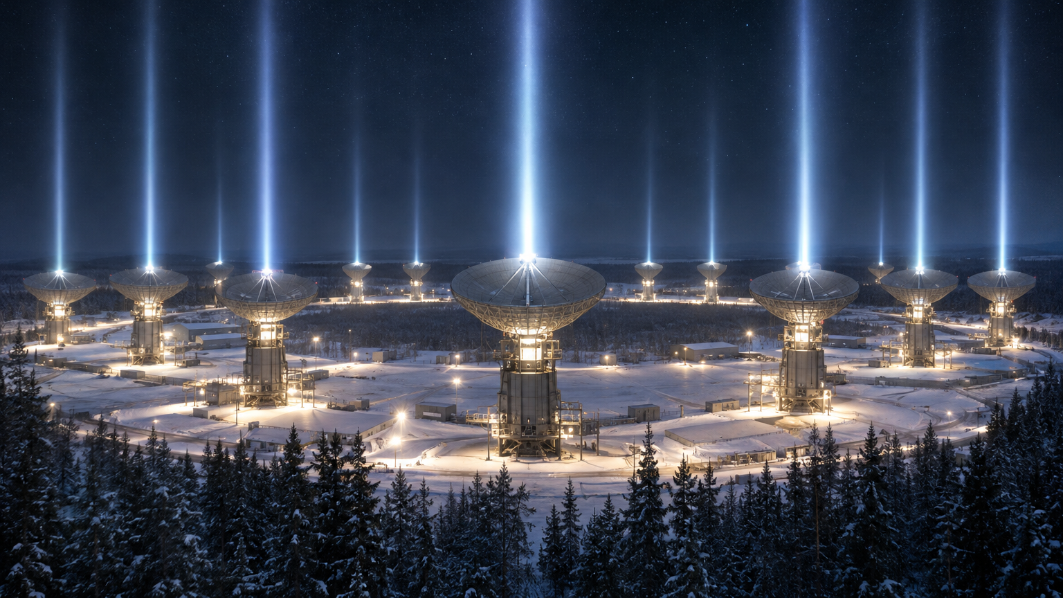 A vast circular array of steerable dish antennas set in the snowy Siberian taiga, all locked in a vertical position and glowing beneath floodlights as they beam high-powered microwave pulses straight into the night sky