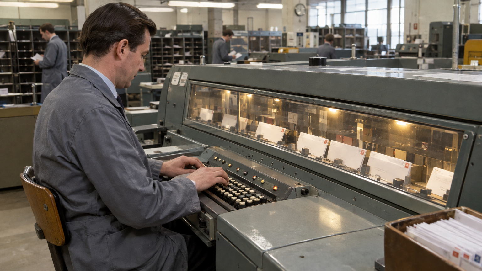 Inside a 1960s British sorting office, a male postal clerk in a grey dust coat sits at an early electro-mechanical letter-sorting console, typing postcode digits on a keyboard as white envelopes pass through a lighted glass viewing window