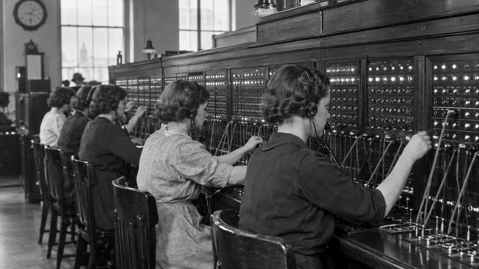A glass-plate photograph from 1930 showing female operators seated side by side at a long mahogany manual telephone switchboard inside a London exchange, plugging brass-tipped fabric cords into rows of illuminated jacks