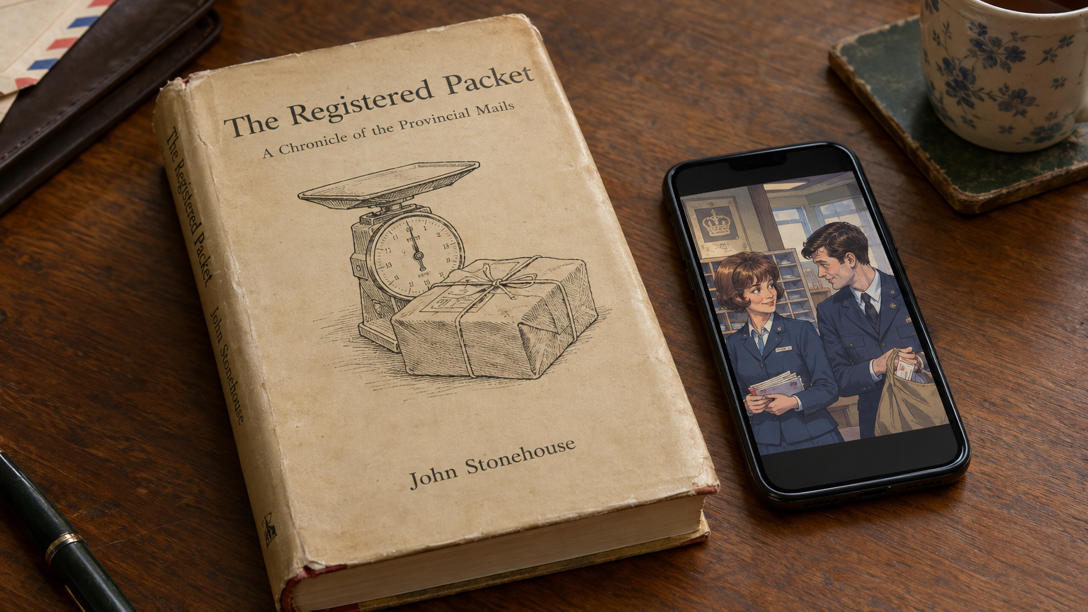 A vintage 1973 hardcover book with a faded beige dust jacket featuring a simple line drawing of a postal scale and parcel tied with string, resting beside a modern smartphone displaying digital fan art of two 1960s postal clerks