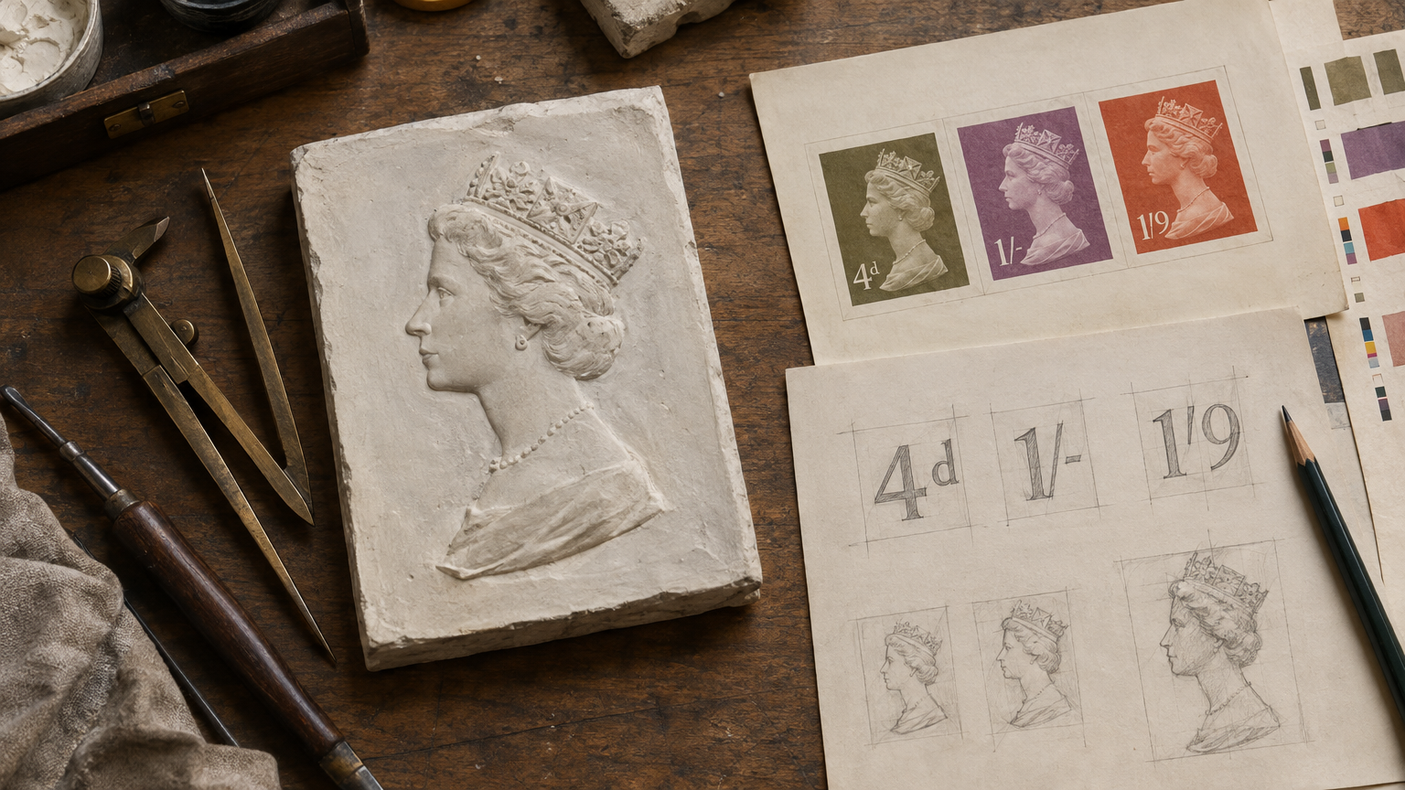 A flat-lay photograph in a mid-century sculptor's workshop showing a white plaster bas-relief plaque of Queen Elizabeth II's profile beside bronze sculpting calipers, pencil sketches of stamp numeral typography, and colour trial proof sheets in olive, violet, and vermilion