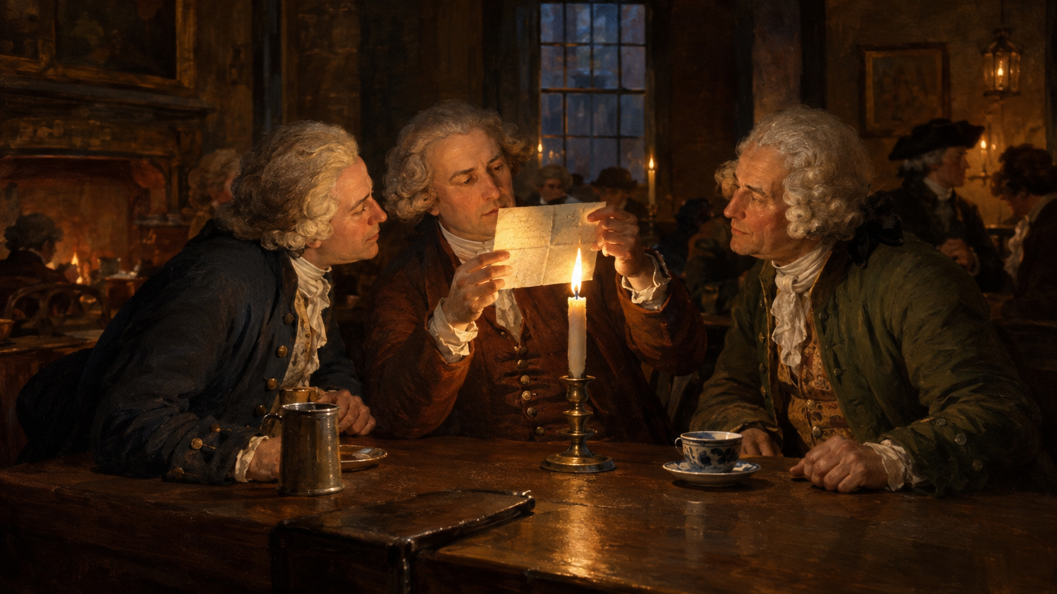An eighteenth-century oil painting style tavern and coffee-house interior in Queen Anne's London, where three gentlemen in powdered wigs and woollen waistcoats sit by candlelight at an oak table, holding a single-sheet folded letter up to a brass candlestick to check for hidden enclosures