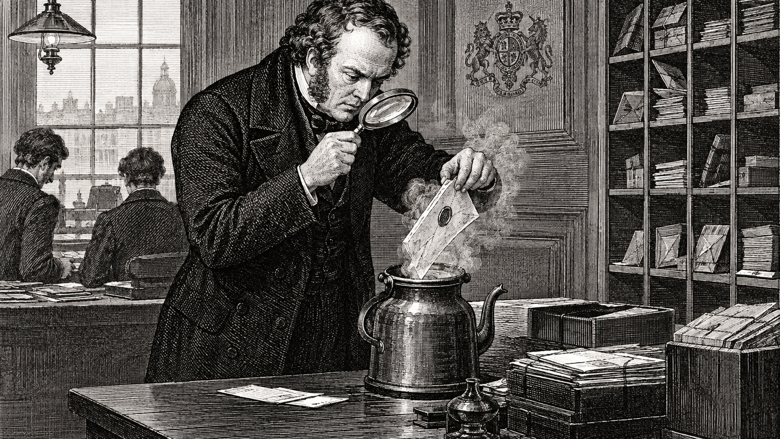 A nineteenth-century satirical woodcut engraving depicting British politician Sir James Graham in a dark frock coat peering through a magnifying glass while steaming open a sealed envelope over a kettle at a post office sorting table