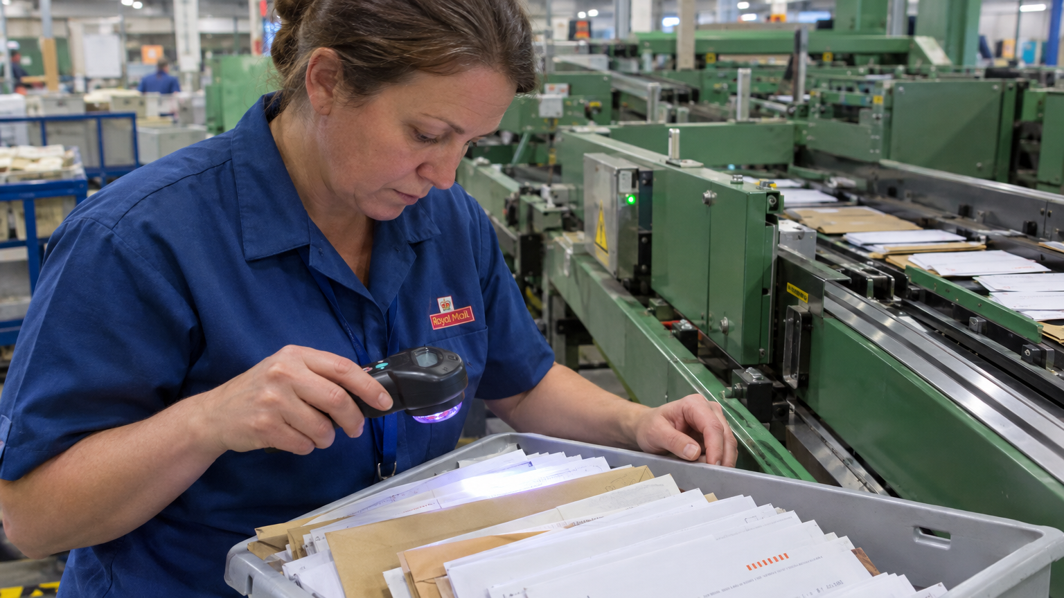 A photograph of a sorting technician in a Royal Mail blue work shirt holding a digital UV densitometer loupe over a tray of envelopes beside a green Integrated Mail Processor conveyor track