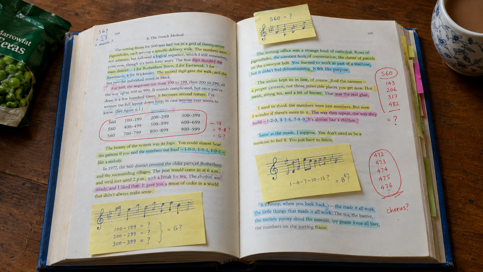 A close-up photograph of an open hardcover book whose pages are heavily covered in multi-coloured highlighter marks, red ink circles around postal sorting numbers, and sticky notes bearing hand-drawn musical staff notation