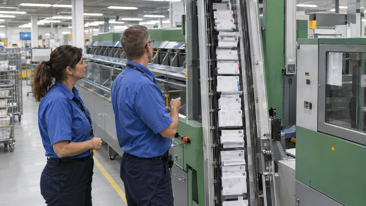 Inside a brightly lit industrial mail centre, two postal technicians in blue workwear shirts stand beside a long green-and-grey Integrated Mail Processor machine, inspecting a high-speed vertical conveyor track packed with moving white envelopes