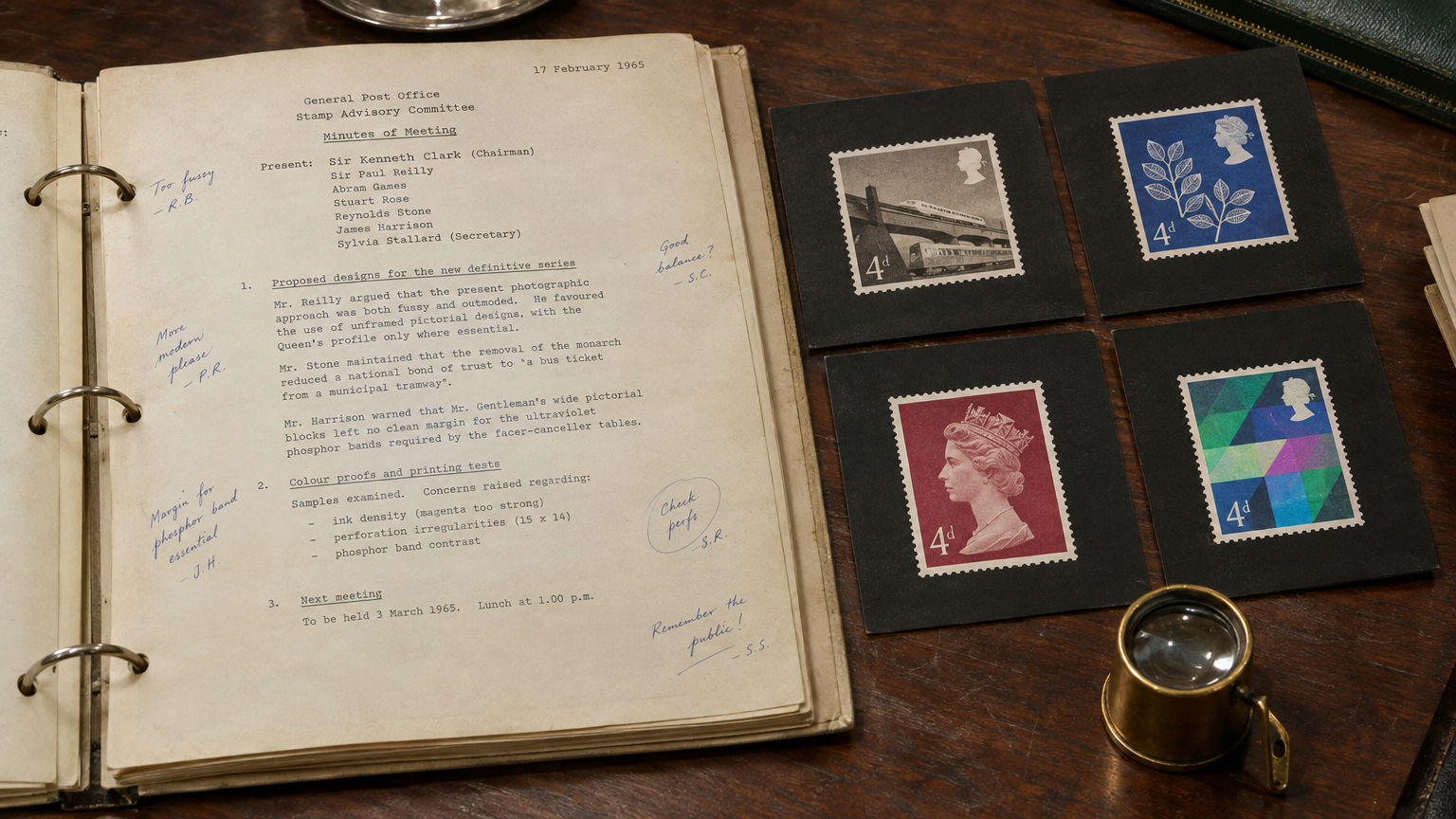 An open cream-coloured 1965 General Post Office archival binder showing typewritten meeting minutes with fountain pen annotations in the margins, resting beside four rejected prototype stamp essays pasted onto black presentation cards and a brass loupe