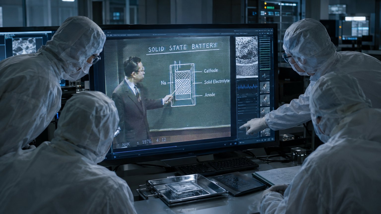 Engineers in white cleanroom suits inside a dimly lit laboratory crowding around a high-resolution digital screen that displays a paused, enhanced 1976 educational television broadcast showing a chalk diagram of a solid-state battery