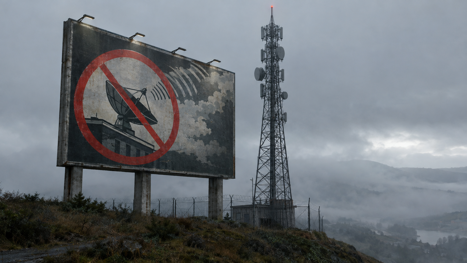 A stern brutalist propaganda billboard standing beside a tall steel lattice radio jamming tower on a foggy hillside, featuring a graphic illustration of a crossed-out rooftop satellite dish pointed at the clouds