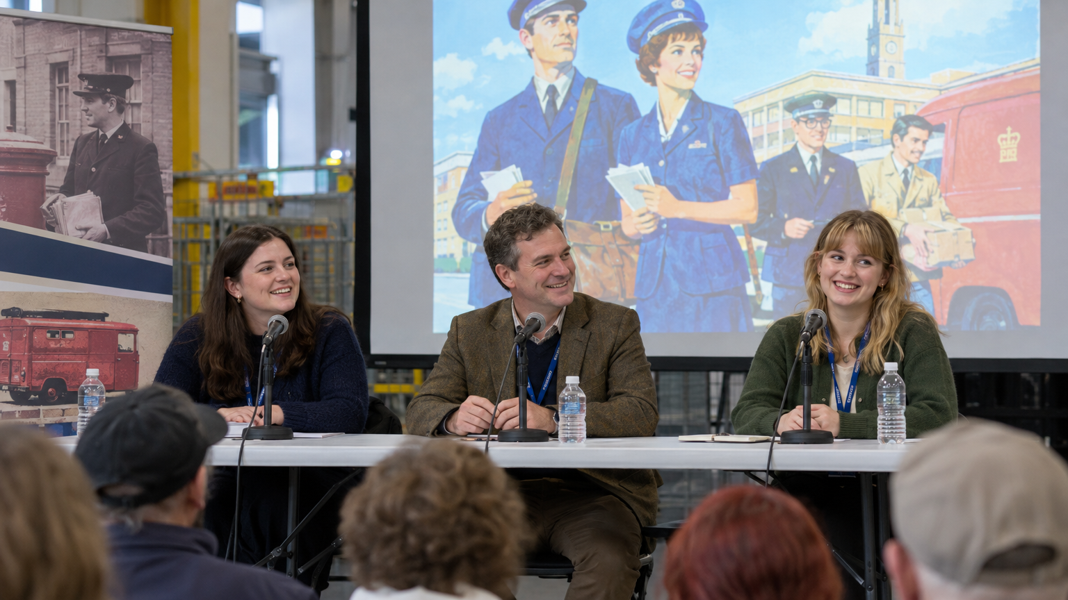 A lively indoor heritage festival panel at Sheffield Mail Centre showing three adult descendants of John Stonehouse smiling at a folding table with microphones, in front of a projection screen displaying colourful fan art of 1960s postal workers