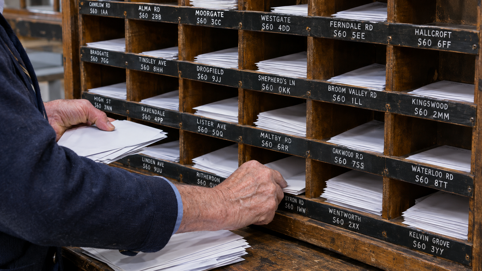 A close-up photograph of an elderly postman's hands sorting crisp white DL-sized envelopes into a weathered seventy-two-box wooden pigeonhole sorting frame, with each compartment labeled in hand-lettered white paint on black metal strips showing Rotherham S60 street names and walk codes