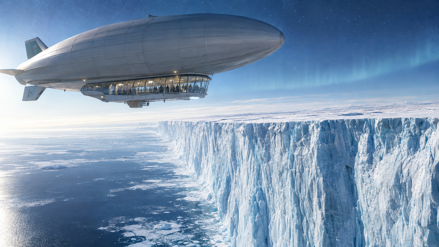 A specialized high-altitude observation airship transporting civilian recovery groups along the sheer vertical cliffs of the Antarctic Ice Wall under the pale illumination of the crystalline firmament.