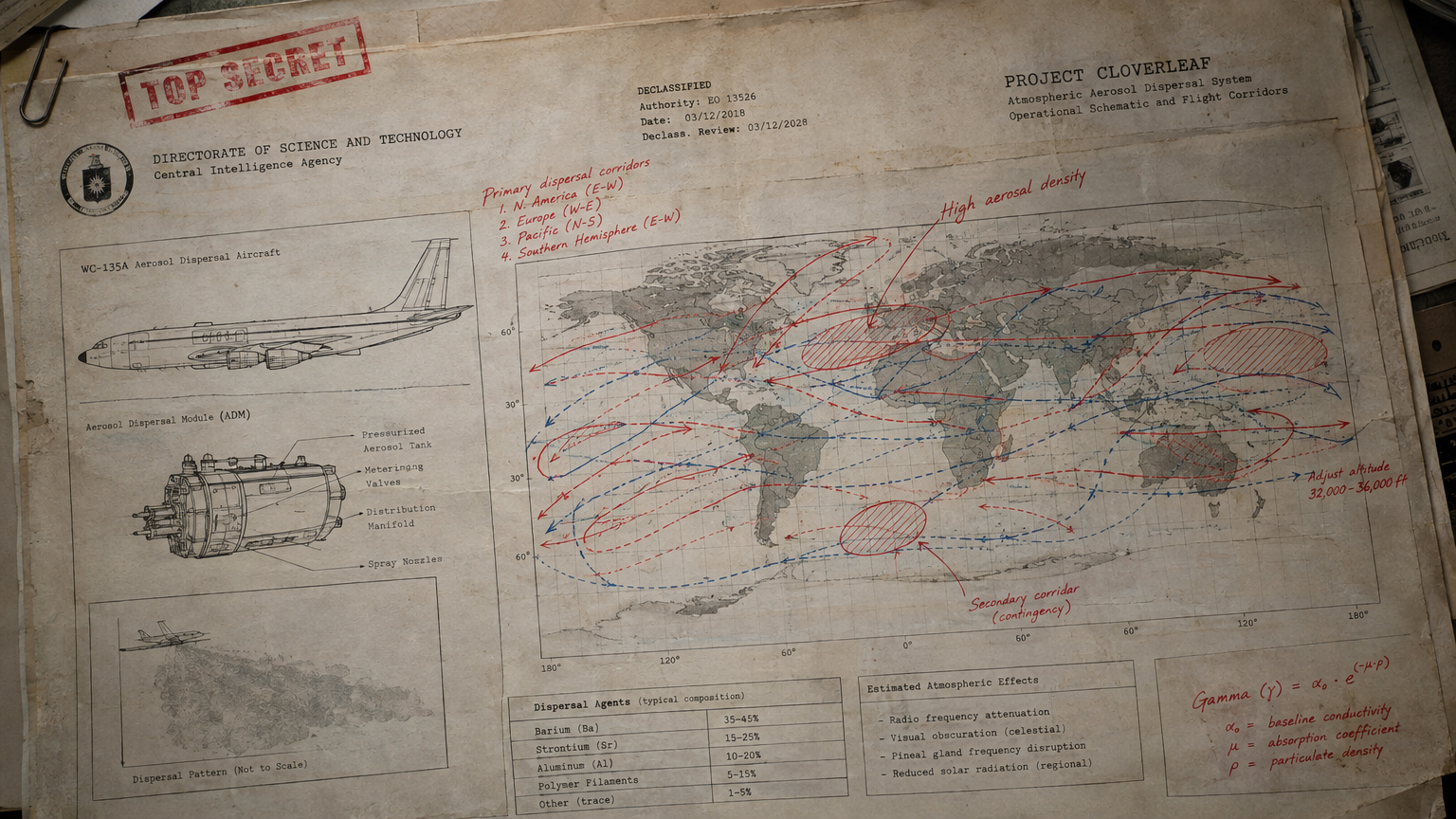 Declassified archival document from the CIA Directorate of Science and Technology showing red inked top secret stamp, schematics of atmospheric aerosol dispersal systems, and hand-annotated flight corridors.