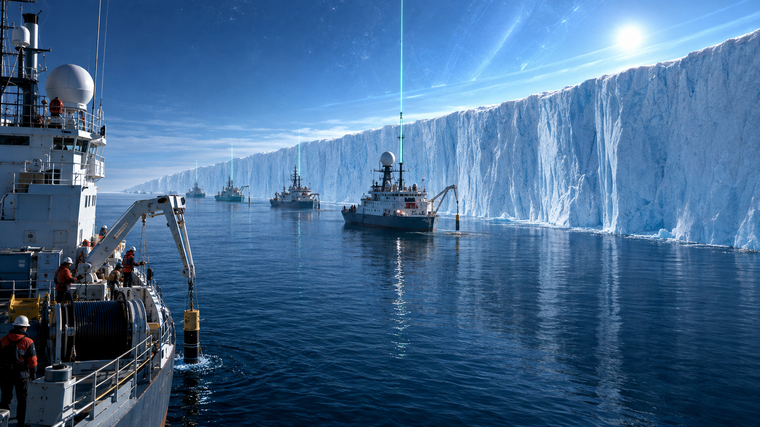 Allied scientific survey ships anchored along the colossal sheer wall of the Antarctic Ice Wall, deploying sonar equipment and vertical laser rangefinders toward the crystalline firmament horizon.