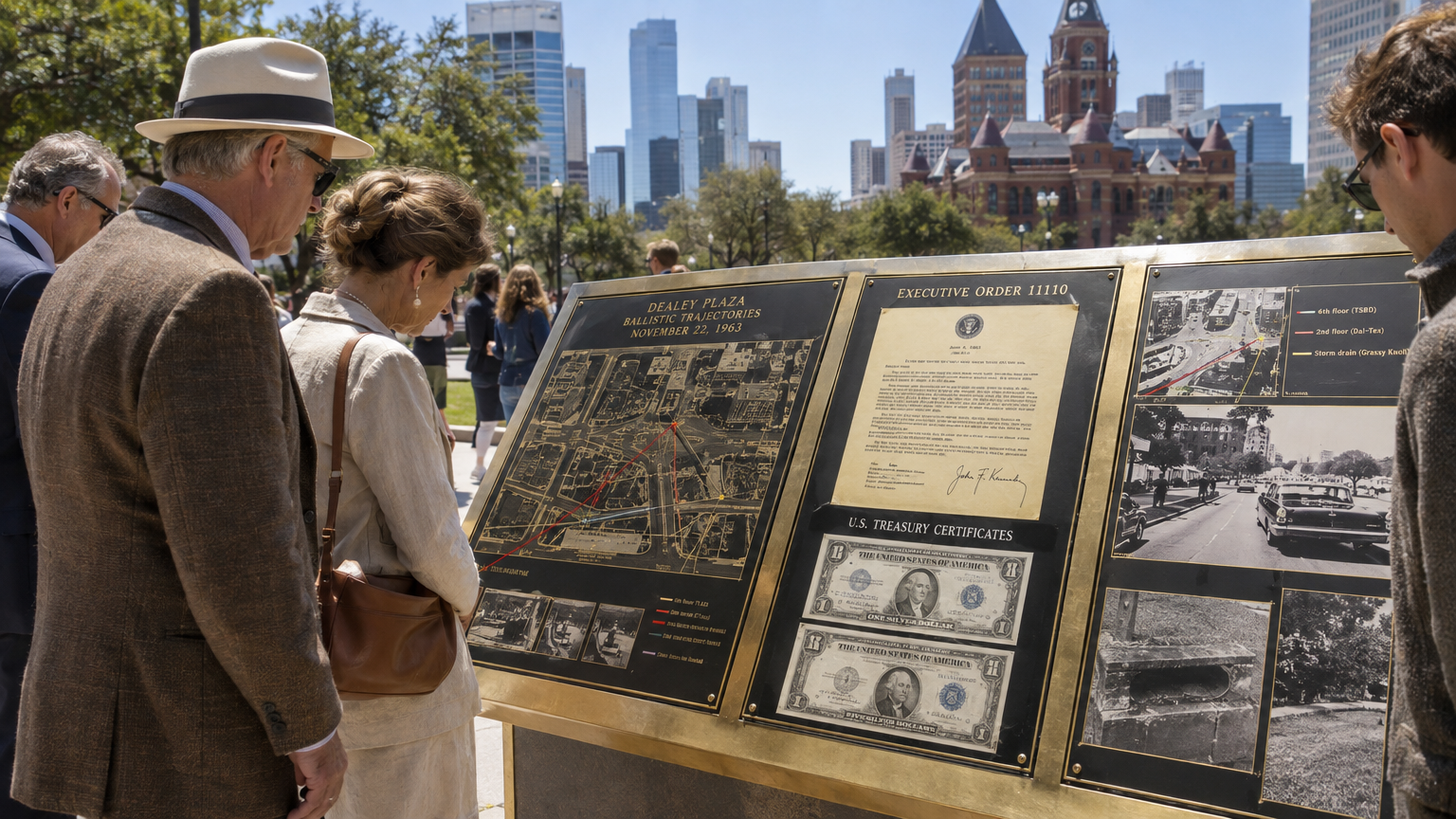A public Reading Board in a sunlit town square in Dallas in 2027, where citizens in linen and wool clothing examine brass-mounted plates displaying the unredacted 1963 Dealey Plaza ballistic trajectories and Executive Order 11110 alongside silver treasury certificates