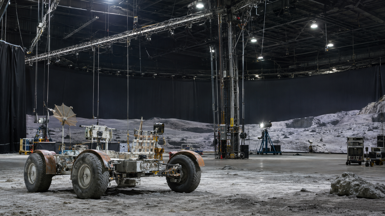 Forensic recovery photograph of the interior of Groom Lake Soundstage 16 taken during the 2023 Patriot Allied Coalition facility seizure, showing preserved lunar rover vehicle chassis, overhead wire suspension gantries, and painted panoramic cyclorama panels.