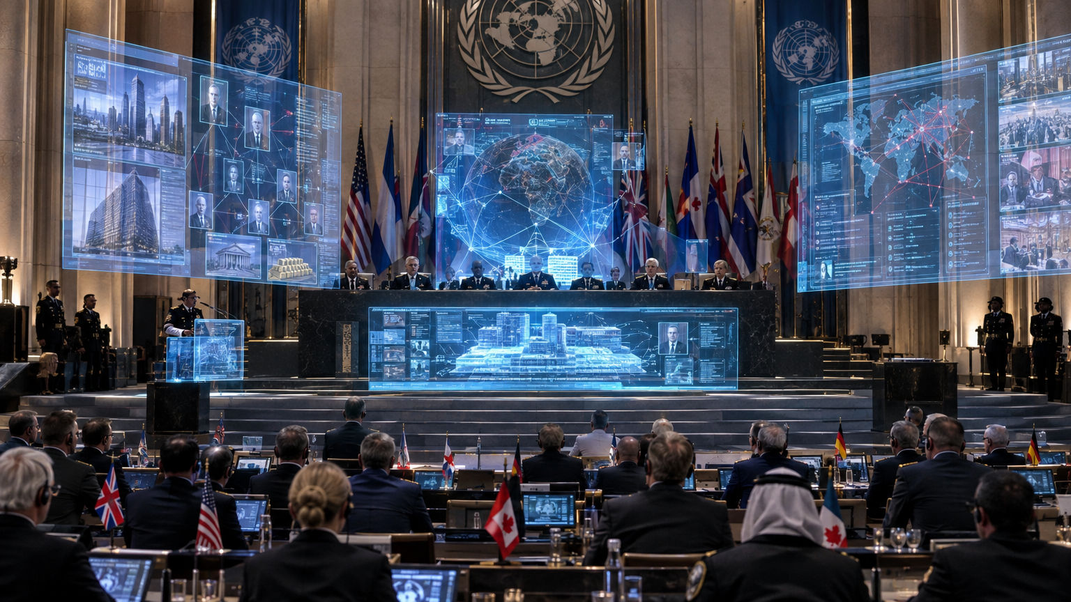 A monumental military tribunal hall in Geneva with Allied judges presiding on an elevated dais while holographic evidentiary dossiers detailing cabal banking networks are projected for international delegates.