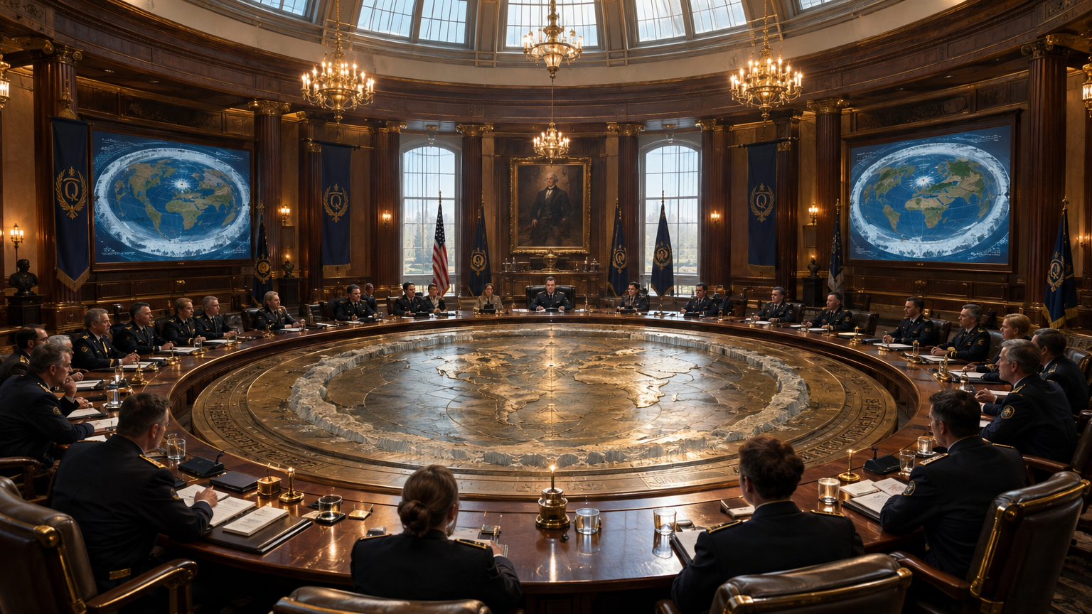 The circular chamber of the Global Q-Council in Philadelphia, where delegates in dark wool uniforms sit around a large bronze relief map of the flat Earth and the Antarctic Ice Wall, illuminated by warm chandeliers and natural skylights