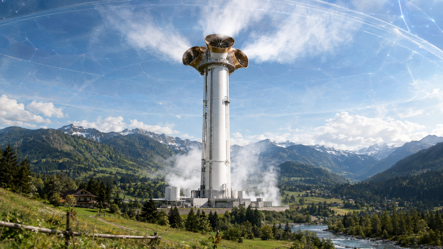 A tall white steel atmospheric filtration tower standing in a green rural valley, with massive bronze intake turbines drawing in hazy sky air and releasing clean cloud vapor beneath a faint translucent geometric shimmer of the upper firmament dome