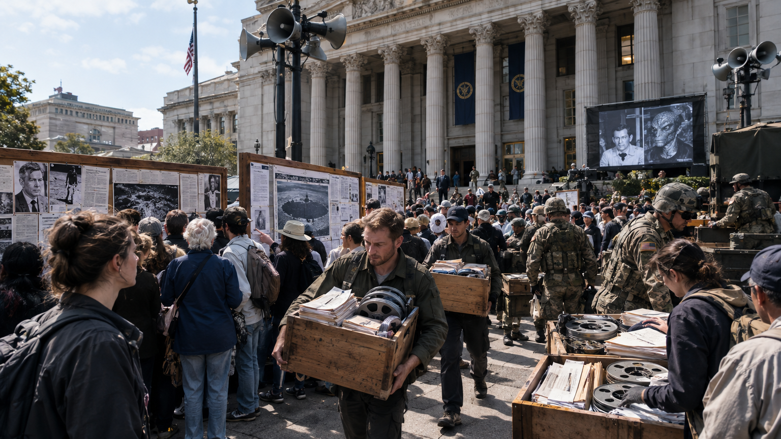 A chaotic street scene in 2024 outside a neoclassical government ministry building, where whistleblowers and soldiers carry out wooden crates overflowing with paper dossiers and film reels while crowds gather around tall public loudspeakers and bulletin boards reading declassified documents