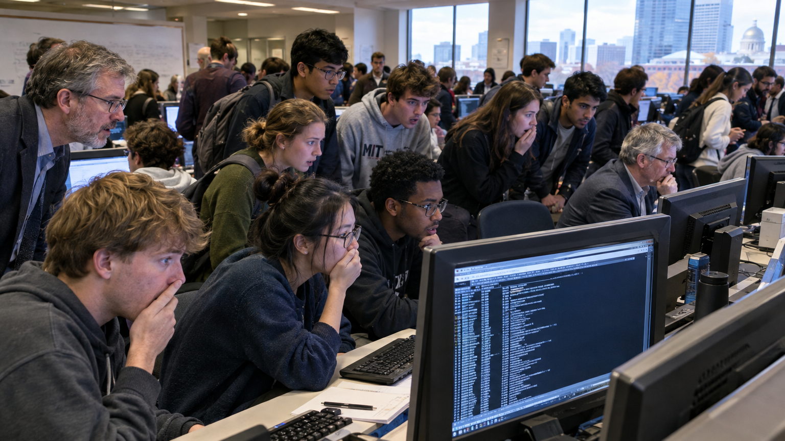 A crowded university computer terminal lab in Boston on the morning of October 18, 2021, packed with stunned academics and students gathering around glowing monitors displaying raw unencrypted plain-text search results from the newly compiled Aletheia utility, documentary photography style