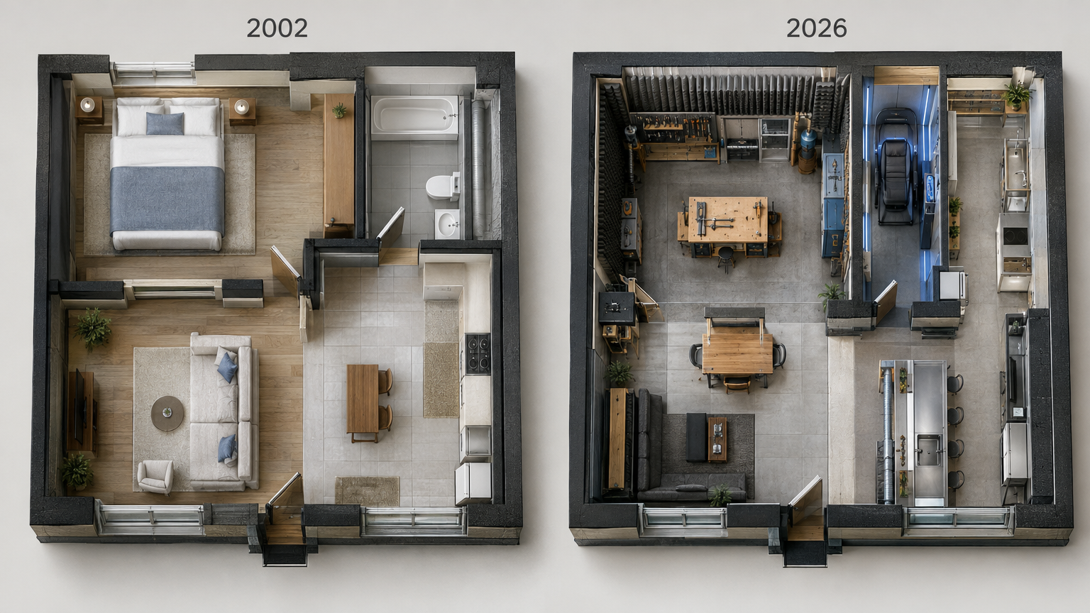 Side-by-side architectural floor plans comparing a 2002 one-bedroom apartment featuring a master bedroom and queen bed against a 2026 bedless unit containing an acoustic-baffled woodworking studio, dual prep kitchens, and a zero-gravity spinal decompression alcove