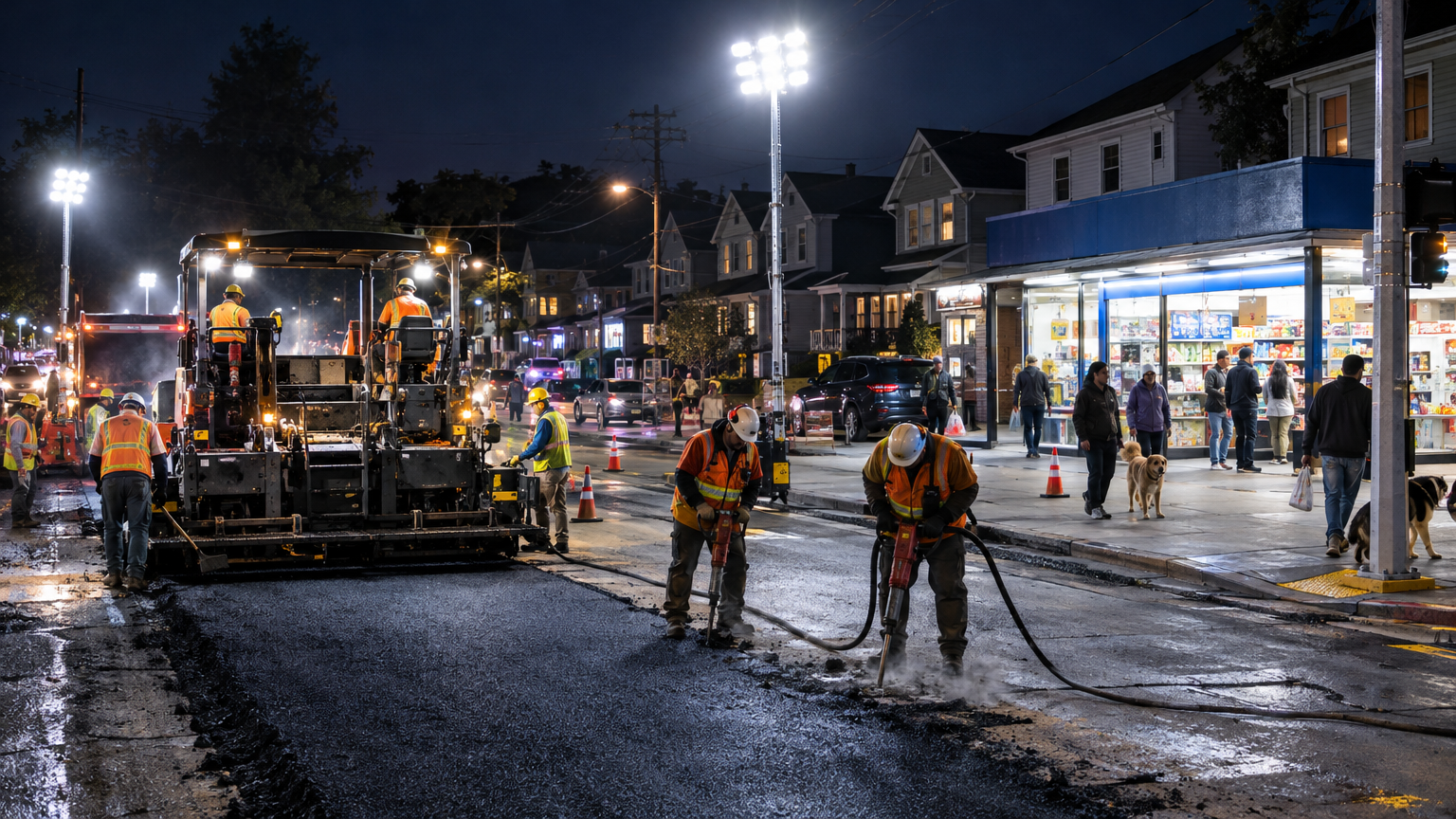 Road construction workers operating an asphalt paver and pneumatic jackhammers at 3:00 AM in a densely populated suburban neighborhood under towering portable LED floodlights while residents walk dogs and shop at open corner stores