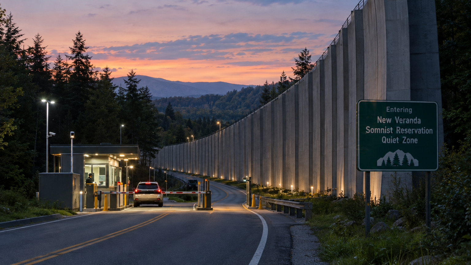 A towering curved concrete acoustic baffle wall running alongside a forested rural highway at dusk, featuring a gated security checkpoint with a road sign reading Entering New Veranda Somnist Reservation Quiet Zone