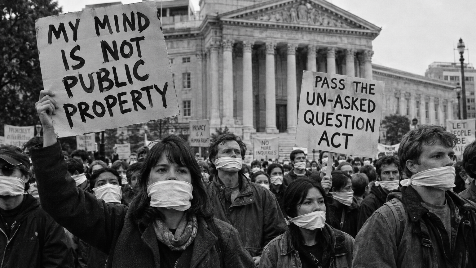 A gritty late-1990s black-and-white street photograph from 1999 showing a dense crowd of protestors in front of a neoclassical courthouse, wearing white cloth gags over their mouths and holding hand-painted signs reading "MY MIND IS NOT PUBLIC PROPERTY" and "PASS THE UN-ASKED QUESTION ACT"