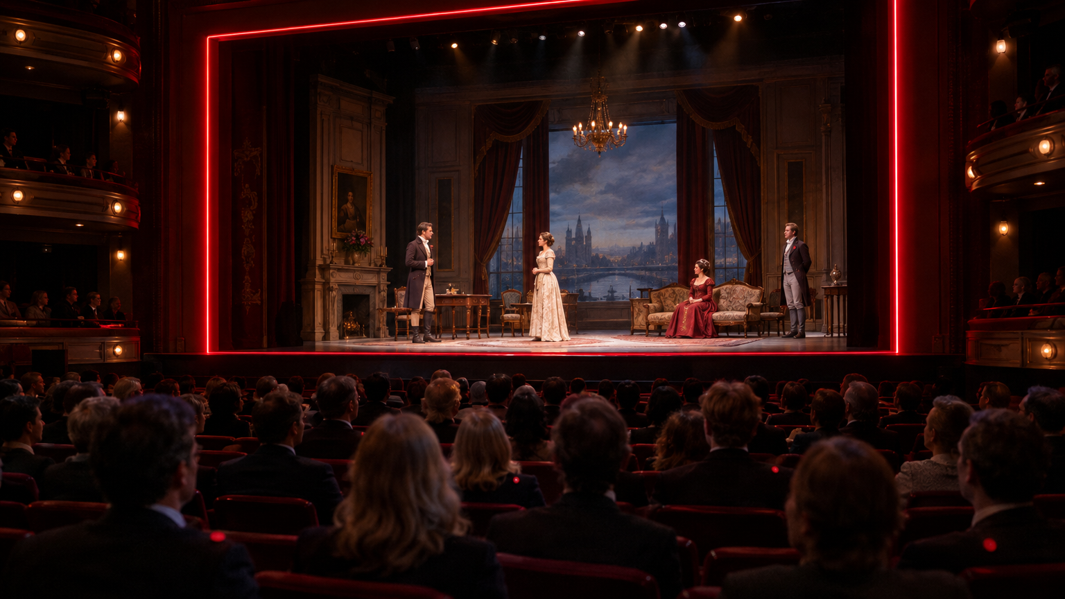 An atmospheric interior photograph of a modern theatre auditorium during a play; the entire proscenium arch is outlined in a bright, continuous crimson-red neon border light, while actors in period costumes perform on stage before an audience wearing small matching red lapel badges
