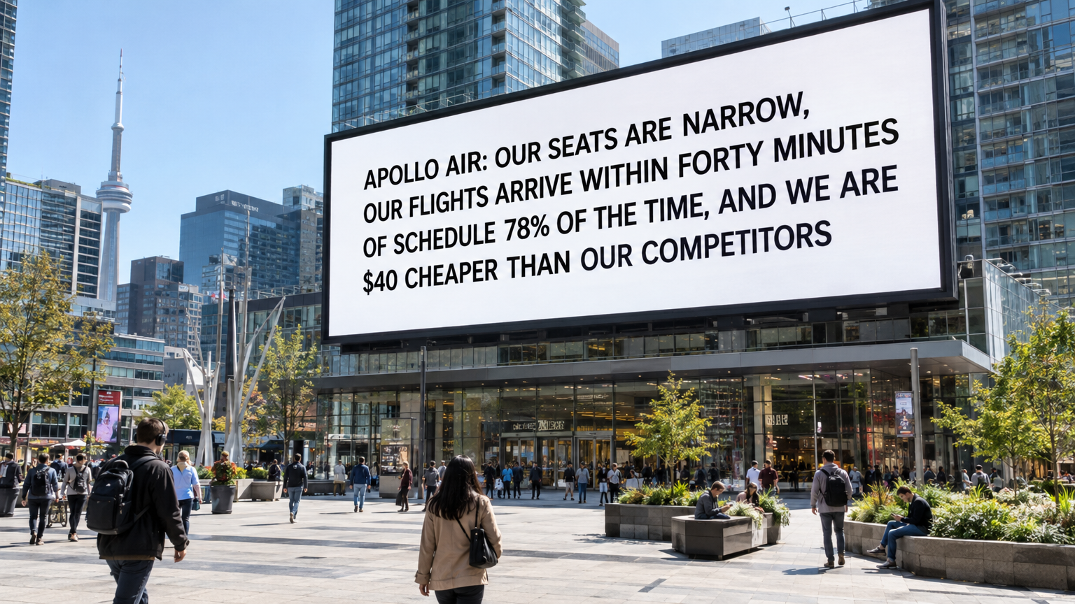 A sunlit wide-angle street photograph of a modern 2026 urban plaza featuring a massive digital billboard for a budget airline, displaying stark black text on a plain white background that reads "APOLLO AIR: OUR SEATS ARE NARROW, OUR FLIGHTS ARRIVE WITHIN FORTY MINUTES OF SCHEDULE 78% OF THE TIME, AND WE ARE $40 CHEAPER THAN OUR COMPETITORS"