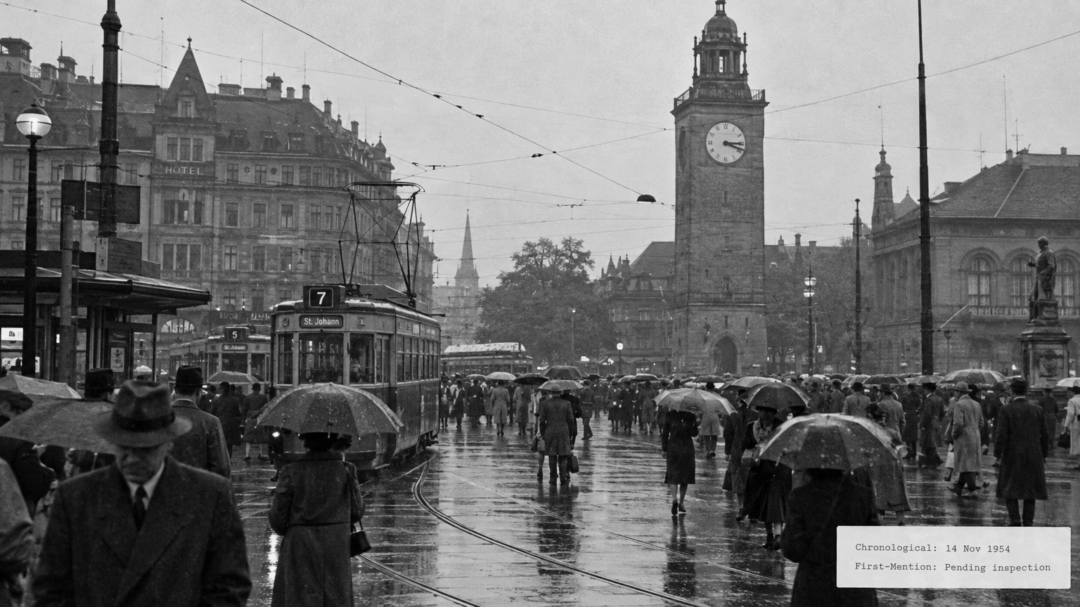 A black-and-white press photograph from 1954 showing a crowded municipal tramway square in the rain, with commuters holding umbrellas and a clock tower reading 4:15. A white archival label pasted in the lower corner lists two dates: "Chronological: 14 Nov 1954" and "First-Mention: Pending inspection".