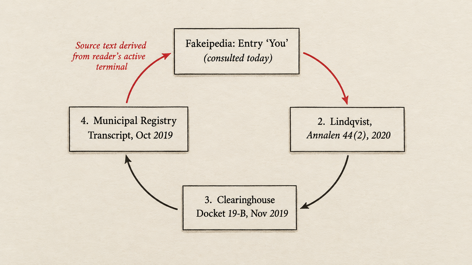 A clean, cream-coloured archival chart printed in black and red ink, showing four rectangular index-card entries arranged in a circle and linked by simple curved arrows. The top card is labelled "Fakeipedia: Entry 'You' (consulted today)". An arrow points clockwise to "2. Lindqvist, Annalen 44(2), 2020". An arrow points from there to "3. Clearinghouse Docket 19-B, Nov 2019". An arrow points to "4. Municipal Registry Transcript, Oct 2019", which has a final red arrow pointing back to the top card with the note "Source text derived from reader's active terminal".