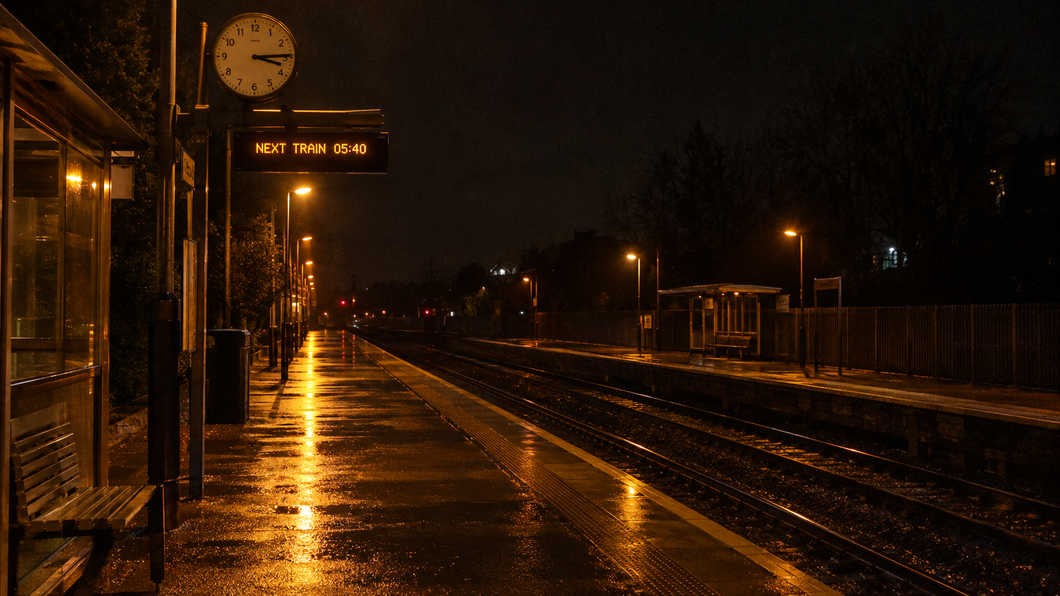 A slightly grainy night-time photograph of an empty suburban railway platform illuminated by sodium streetlamps at 3:14 AM, as shown on the station clock. Wet pavement reflects the orange light, and a digital arrival board reads "NEXT TRAIN 05:40".